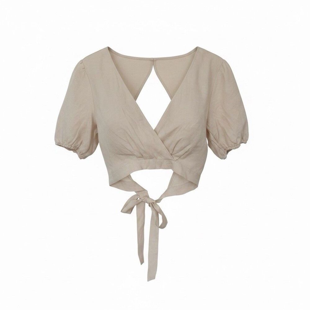 Forever21 Faux Wrap Linen Look Open Back Top Size Large Euro Summer Vanilla Girl